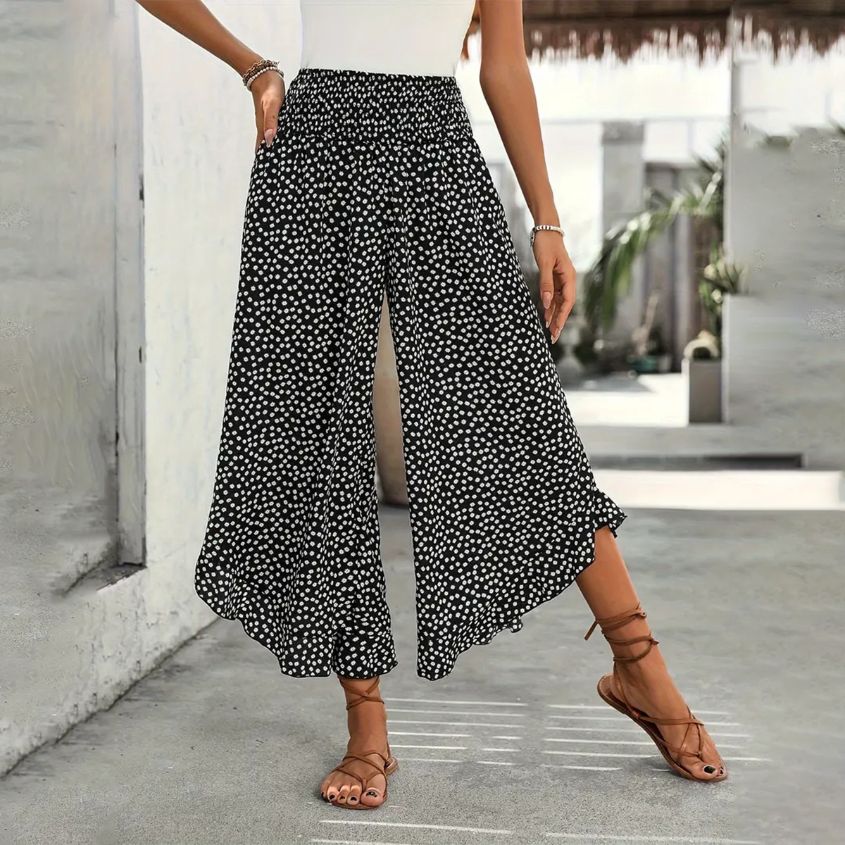 Black and White Elastic Waistband Pants
