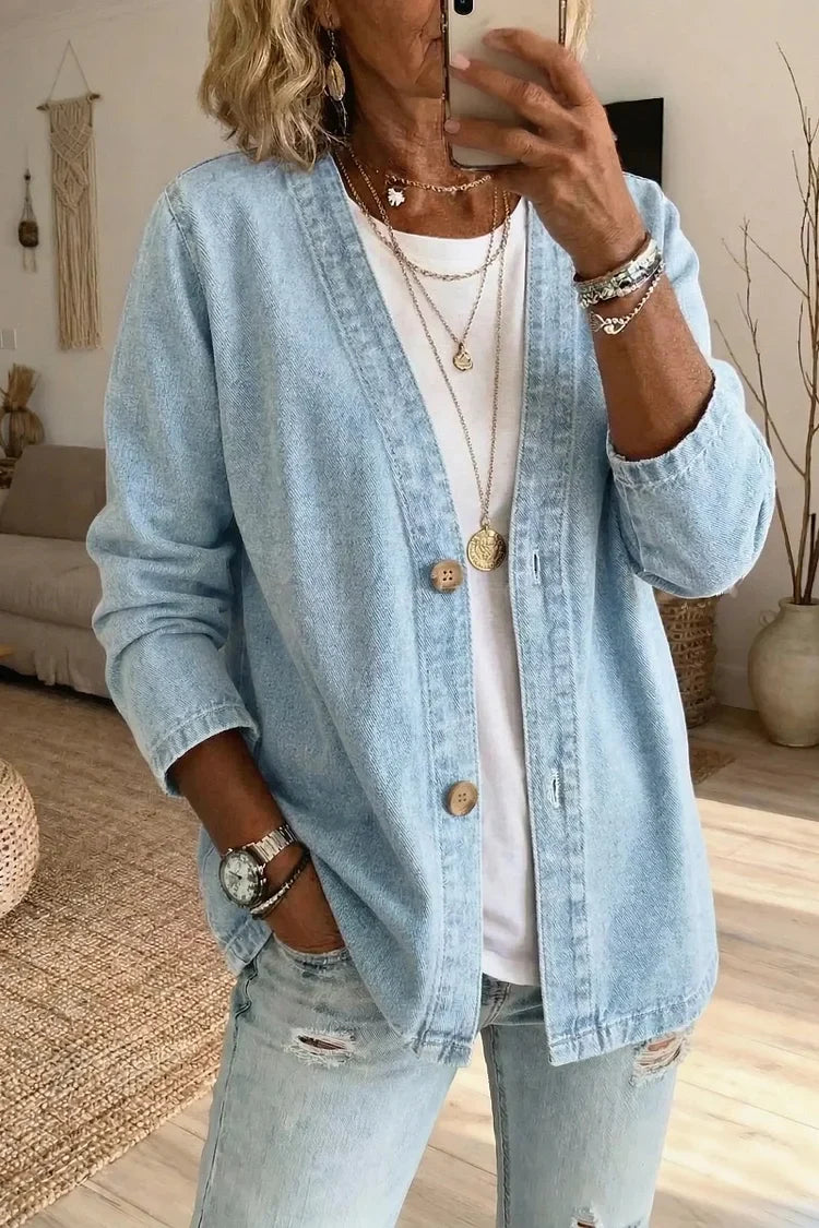 Button-Front Casual Oversized Denim Jacket