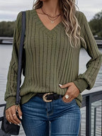 Anouk™ | Ribbed Knit Long-Sleeve V-Neck Pullover Sweater