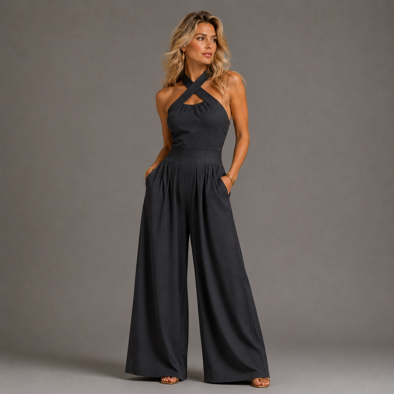 Fiorenzae™ | Elegant Wide-Leg Crossover Jumpsuit