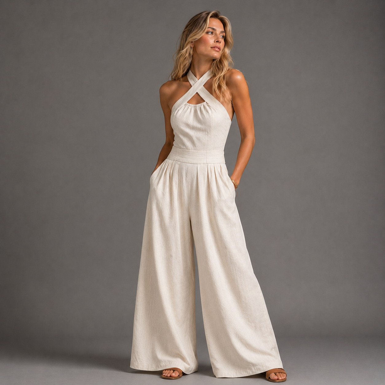 Fiorenzae™ | Elegant Wide-Leg Crossover Jumpsuit