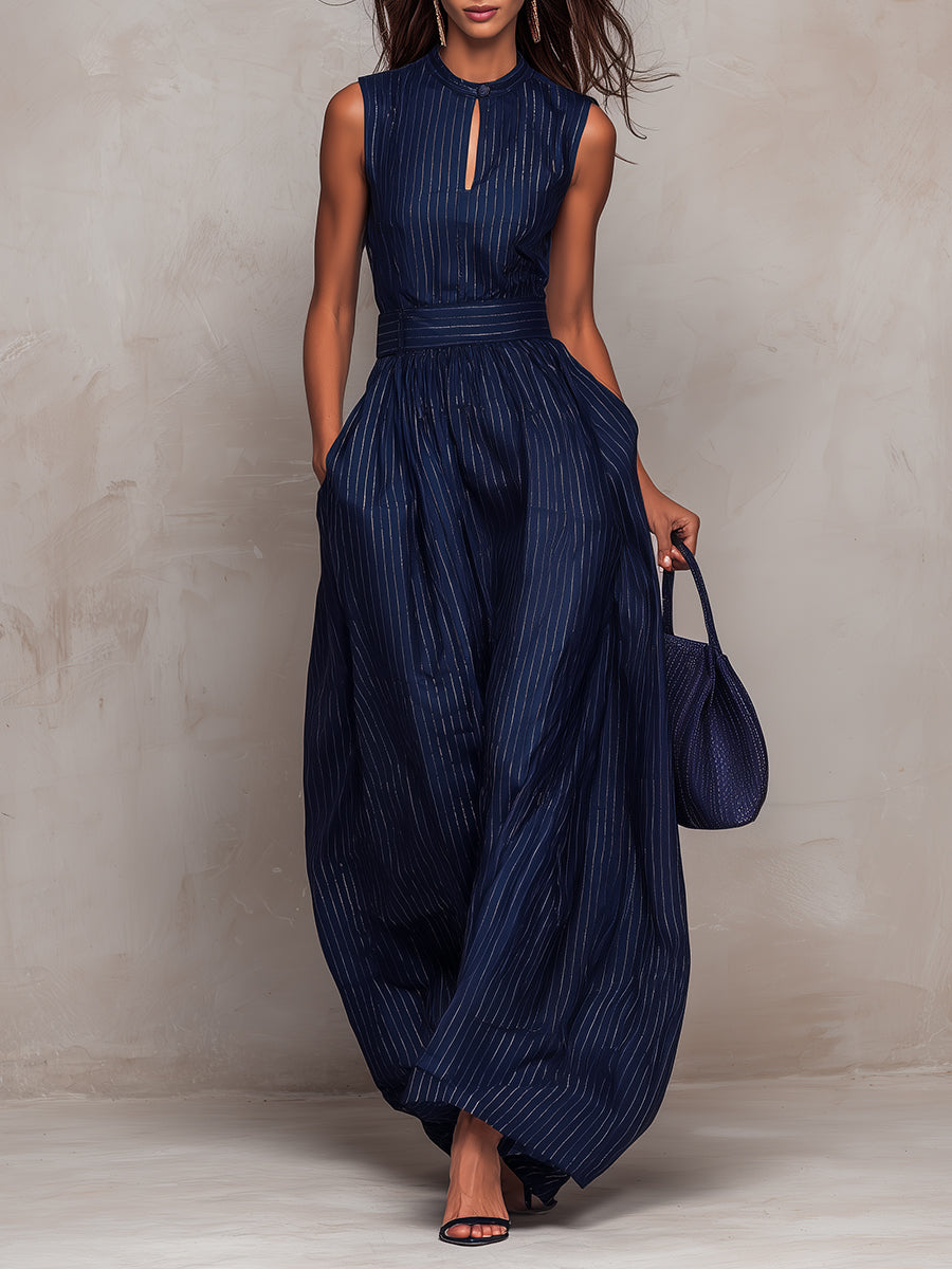 Mina | Dark blue striped mono with keyhole neckline and wide-leg pants