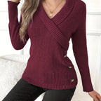 Barbara™ | Ribbed-Hem Side-Button Wrap V-Neck Sweater