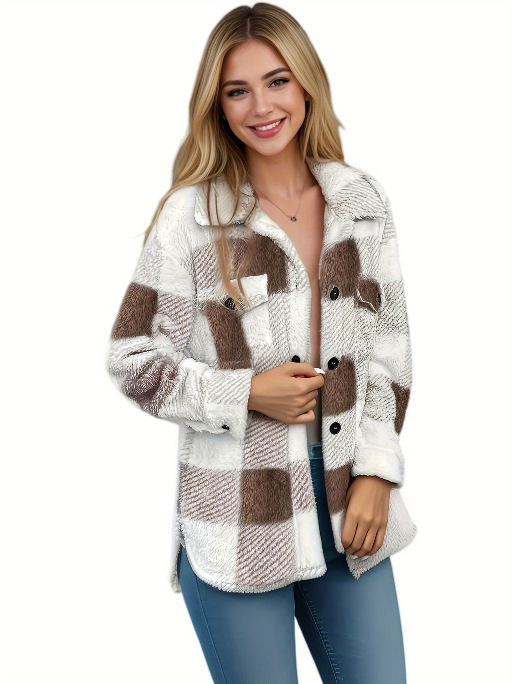 Lilou™ | Fleece Plaid Button-Up Shacket Jacket