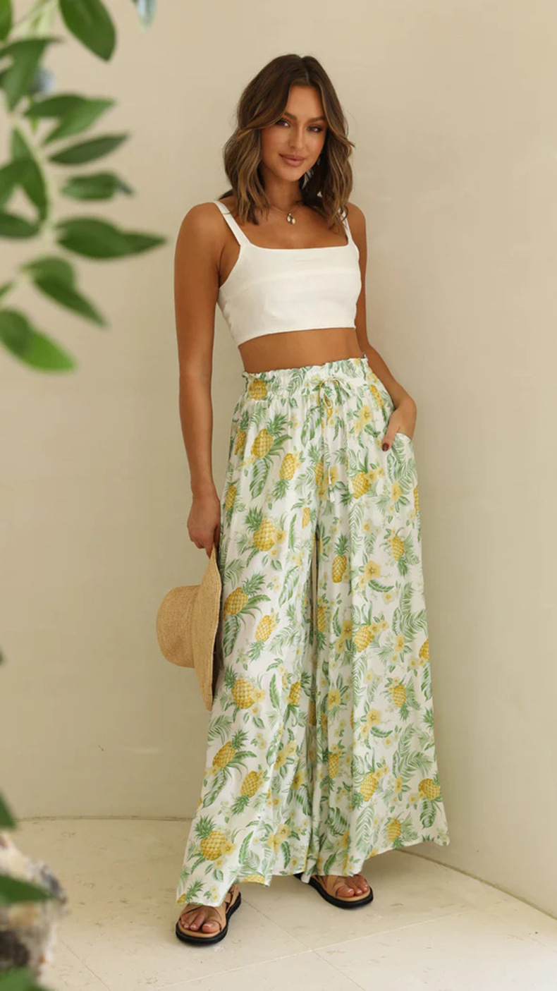 Boho Floral Print High-Waist Wide-Leg Pants